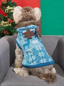 Christmas dog sweater warm knit pet clothes with cute reindeer antlers and snowflake pattern