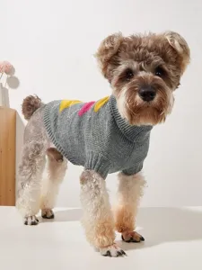 Cute grey dog knit sweater with colorful diamond pattern, cozy winter pet apparel for small dogs.