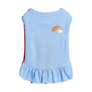 Cute pet dog dress with rainbow cloud print and ruffle hem, comfortable daily wear detail.