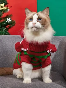Christmas pet knitted sweater red green striped cat puppy warm clothes with pom poms