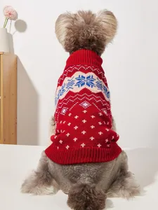 Dog knitted sweater detail view, red turtleneck with snowflake and wave pattern, warm pet apparel.