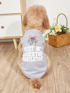 Summer thin pet clothes grey vest with bow letter print detail showing cute design for dogs and cats