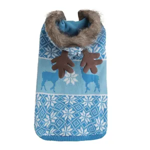 Close-up of cozy blue knit dog sweater with faux fur hood, antlers and snowflake pattern.