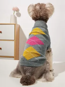 Argyle knit pet sweater back detail, cozy winter dog apparel with classic diamond pattern texture.