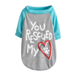 Close-up of the pet t-shirt chest print featuring You Rescued My text and a cute paw heart.
