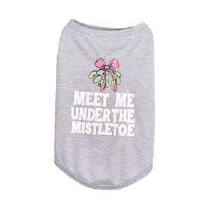 Gray pet vest detail showing cute bow graphic and text print, soft fabric for cats and dogs.