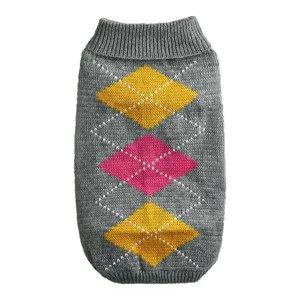 Knit dog sweater with argyle diamond pattern for small pets, cozy winter pet apparel.