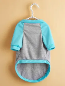 Detailed view of grey and blue colorblock pet t-shirt with raglan sleeves and soft fabric.
