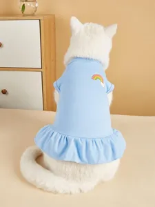 Cute blue pet cat dress with adorable rainbow embroidery detail, soft cotton winter wear.