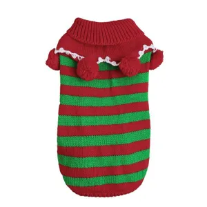 Christmas red and green striped pet sweater with cute pom-poms and turtleneck for dogs and cats.
