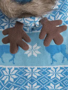 Winter warm dog sweater with plush reindeer antlers hood, cozy knitted elk snowflake pattern.