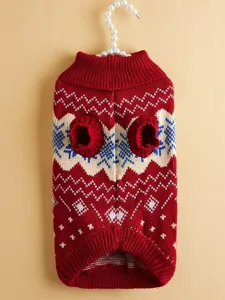 Red knitted pet sweater detail, winter warm dog clothes high neck jacquard design.