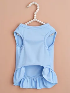 Chic light blue pet dress detail showing sweet ruffle hem and sleeveless design for small dogs.