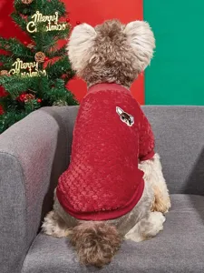 Cute red pet fleece sweater with thread crewneck and cartoon dog embroidery for winter dogs.