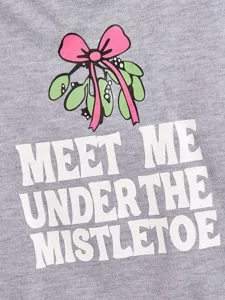 Grey pet apparel fabric detail with cute mistletoe bow and white letter print.