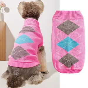 Pink argyle dog sweater winter warm knitwear pet clothes stylish pullover for small dogs