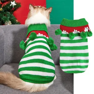 Christmas pet cat dog knitted sweater green white stripes turtleneck pom-pom winter warm apparel