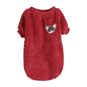 Coral fleece pet dog clothes detail, soft red puppy embroidered patch winter sweater.