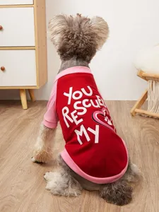 Detailed view of the red and pink pet t-shirt with rescue letter pattern for cute dogs.