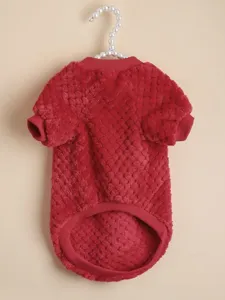 Red coral fleece pet two-leg shirt, soft and warm dog winter apparel with ribbed round neck.