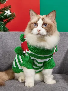 Christmas pet knitted sweater with pom-pom and red green stripes for cats and dogs.