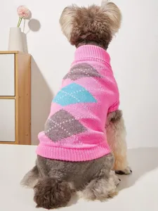 Cute pink argyle dog sweater with high collar, cozy knit pet winter apparel for small dogs.