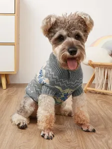 Cozy knit dog sweater with snowflake and wave pattern for autumn winter pet apparel.