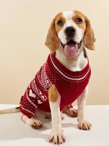 Cute red and white knit dog sweater with heart and wave patterns for small dogs
