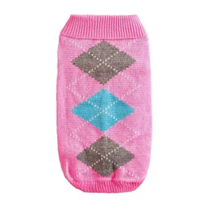 Close-up detail of knitted pet sweater with classic argyle diamond pattern in pink.