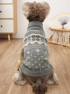 Detailed view of grey knitted pet sweater featuring classic snowflake and geometric patterns.