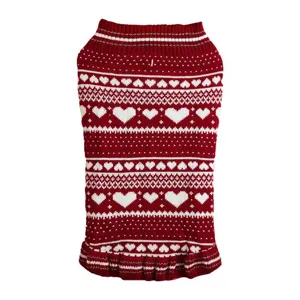 Autumn winter red white knitted pet sweater with cute heart pattern and ruffled hem for small dogs