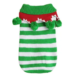 Christmas pet knitted sweater with red white green stripes and cute pom-poms for dogs and cats.