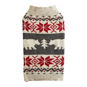 Detailed view of the cozy knit pet sweater featuring Nordic snowflake and polar bear patterns.