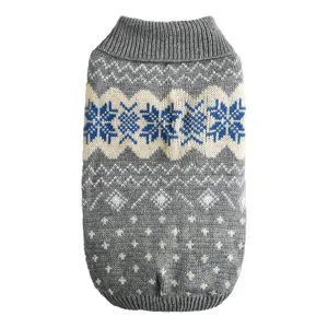 Cozy knit dog sweater with nordic snowflake and wave pattern, warm high-collar pet winter apparel.