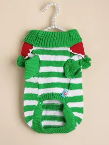 Christmas pet knitted sweater green white red stripes cute pom-poms warm puppy cat apparel