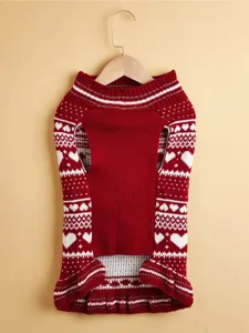 Cozy red knit pet sweater with white heart pattern and ruffles for small dogs winter warm.