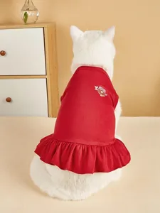 Cute red pet cat dog dress with ruffles and cartoon print for autumn and winter wear.