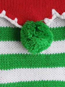 Christmas pet knitted sweater detail shot featuring red green white stripes and green pompom.