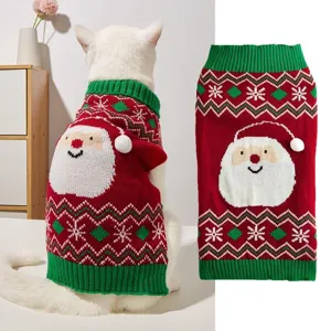 Christmas cat sweater detail view featuring Santa Claus knit pattern and soft pom-pom decor.