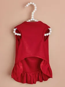 Red pet dress with ruffled hem, cute winter apparel for small dogs and cats comfortable wear