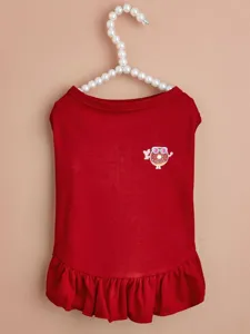 Red pet dress detail, cute donut graphic print, ruffled hem, winter pet clothing style