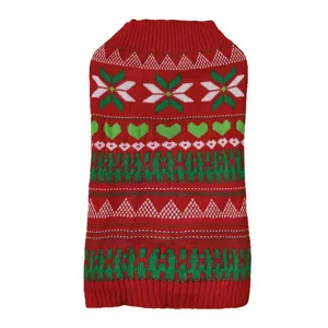 Close-up detail of red pet winter knitted sweater featuring green holiday festive patterns.