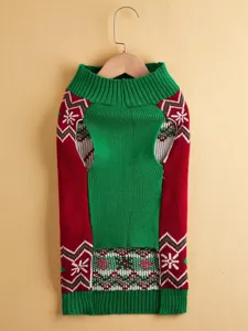 Details of the Christmas pet knitted sweater featuring festive red and green winter patterns.