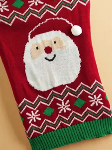Christmas knit pet sweater detail with cute Santa face and traditional Nordic snowflake patterns.