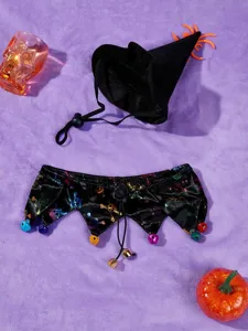 Pet Halloween costume set with witch hat and bell collar, funny skull print detail view.