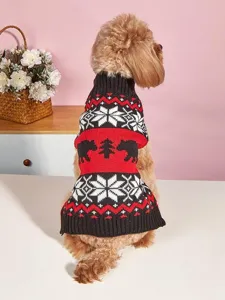 Knit dog sweater detail showing winter snowflake and bear pattern, warm turtleneck pet apparel.