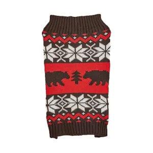Cozy knit dog sweater with Nordic snowflake and bear pattern, winter pet apparel for small dogs.