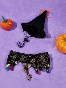 Halloween pet witch hat and spider web collar set with colorful bells and cute pumpkin props.