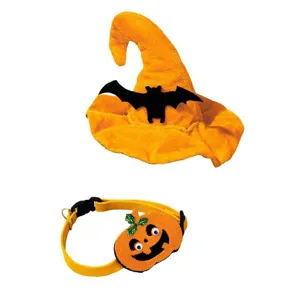 Halloween pet costume set featuring orange bat witch hat and cute pumpkin face dog collar.