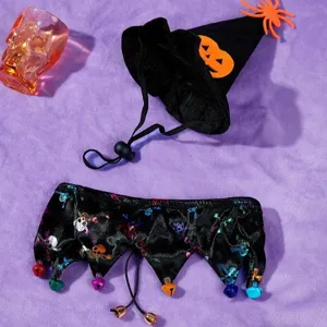 Halloween pet costume set featuring a witch hat and skull bell collar for cats and dogs.